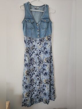 California Concepts Y2K 90s Style Floral Mixed Media Denim Dress